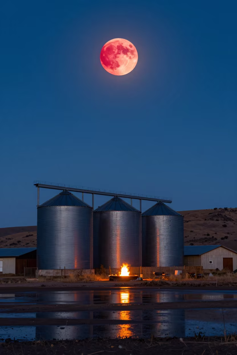 Blood Moon Glow Over Silos at Night in from a quiet alpine saddle near Soubré