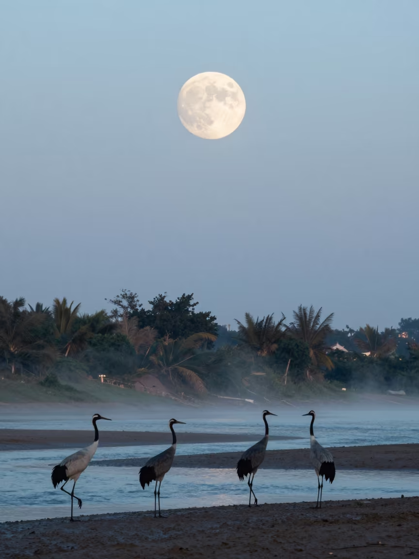 Blood Moon Over Cranes and River Mist in beside a tidal inlet near Nanning