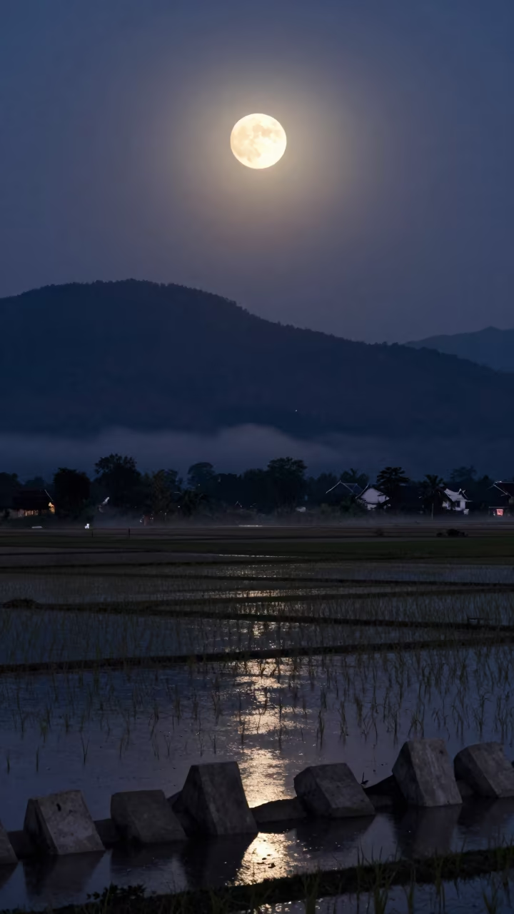 Blood Moon Over Luang Prabang Rice Paddies in from a moonlit breakwater near Luang Prabang