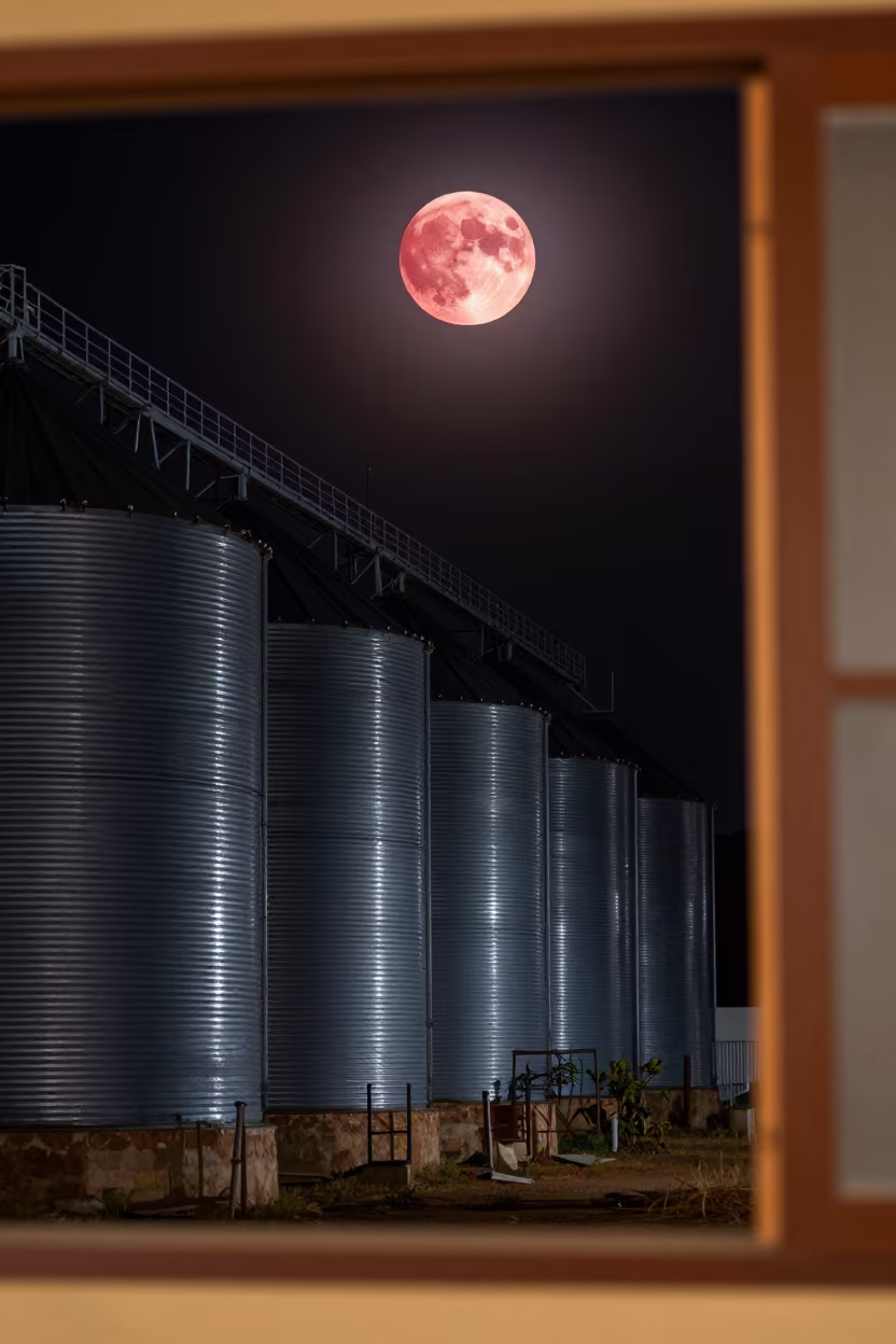 Blood Moon Over Silos at Midnight in beneath a dark-sky overlook near Santo Domingo