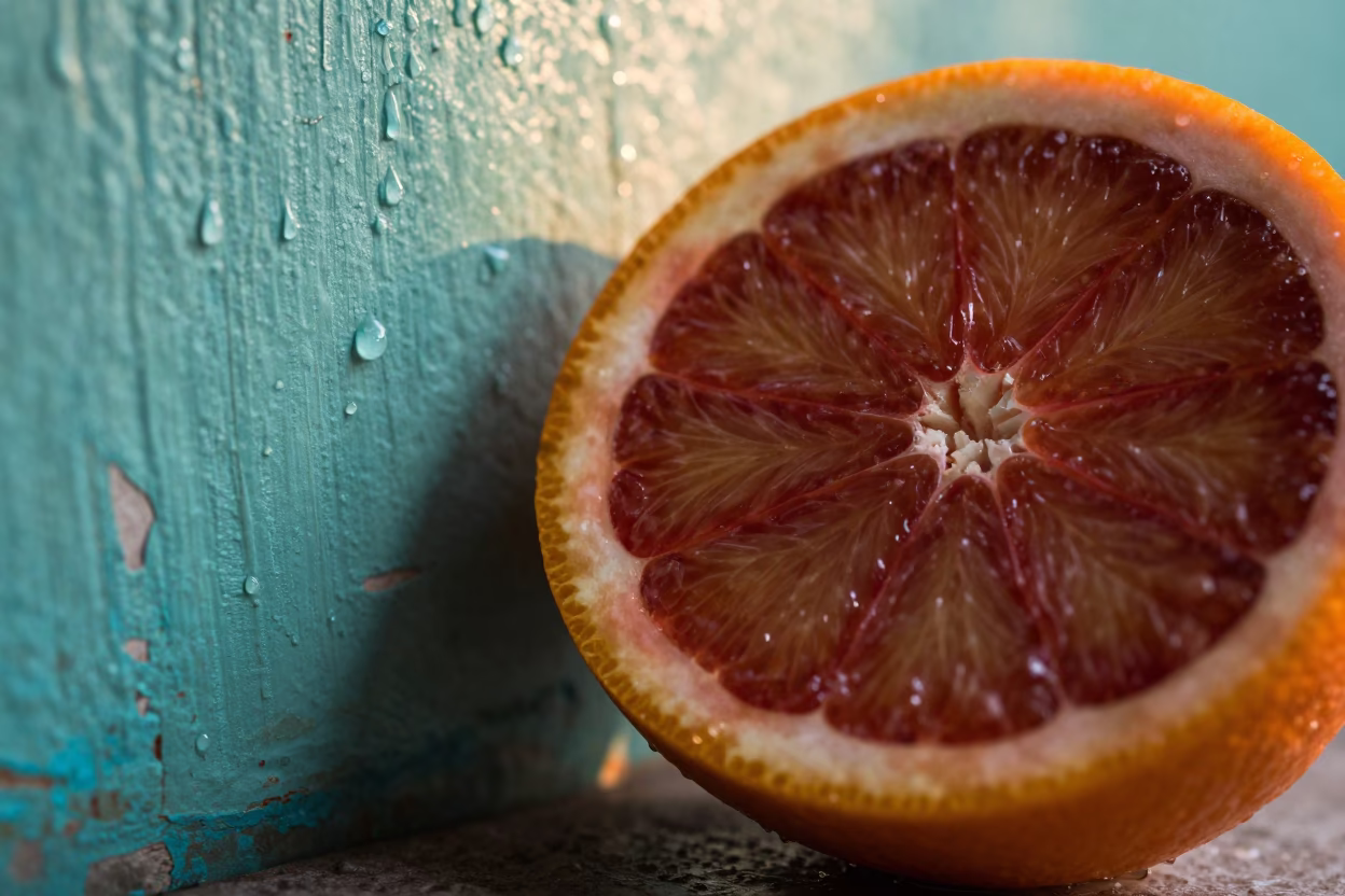 Blood Orange Cross Section Crimson Segments in against weathered turquoise paint near Kingston