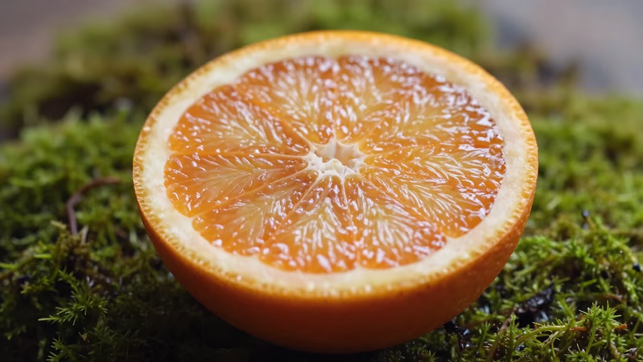 Blood Orange Cross Section Morning Moss Light in on dew-soaked moss near Lille
