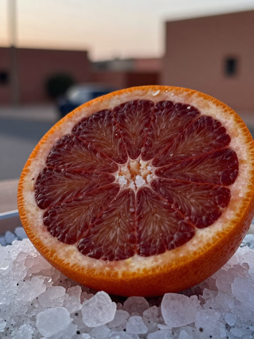 Blood Orange Cross Section on Salt Crystals in on salt crystals along a pan rim in Ouarzazate