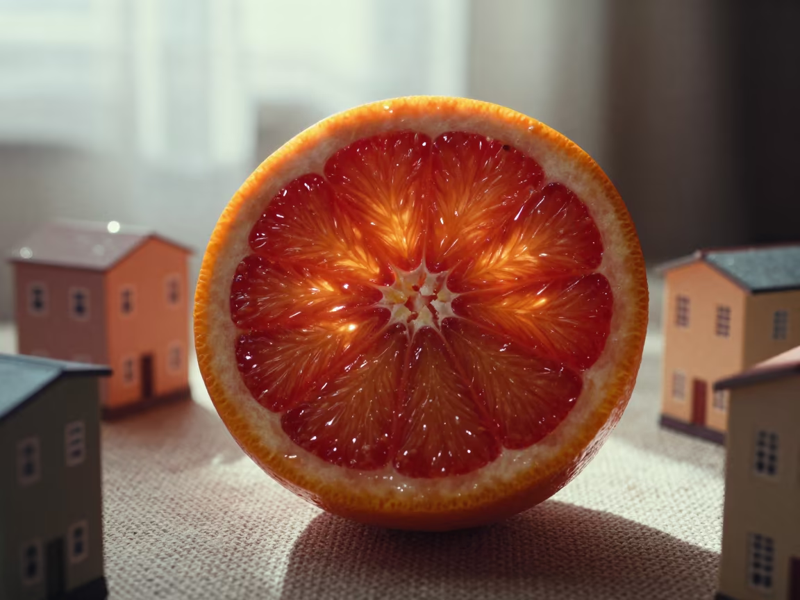 Blood Orange Slice with Miniature Buildings in against woven linen fibers in Bingerville