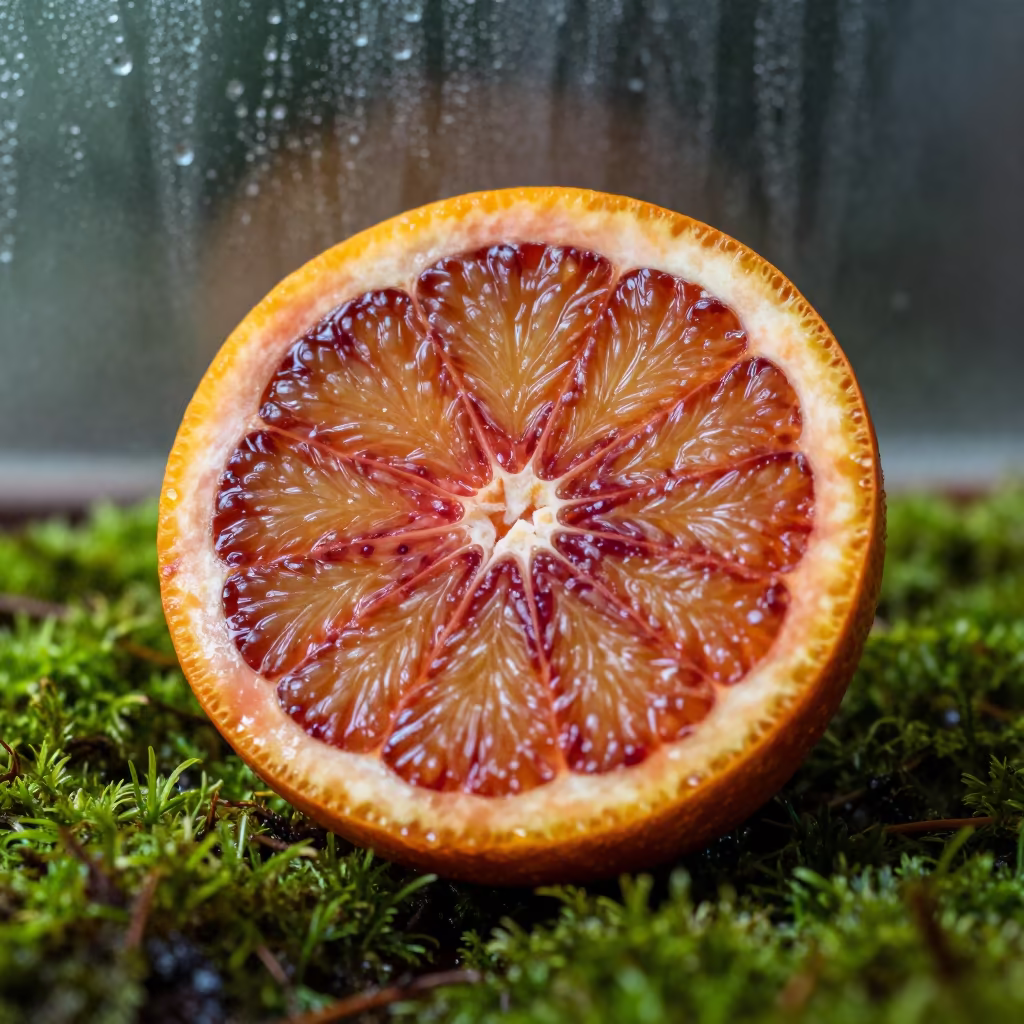 Blood Orange Slice on Moss in Jhansi Morning in on dew-soaked moss in Jhansi