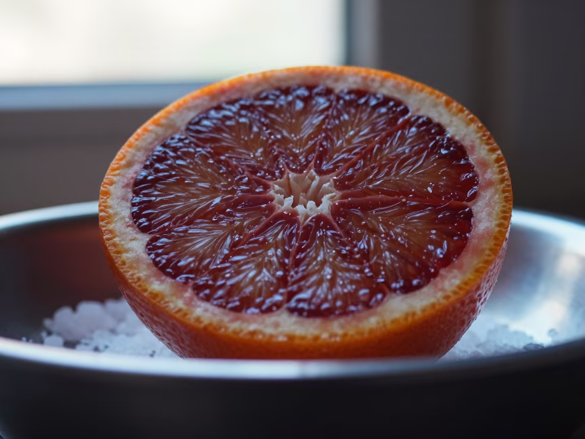 Blood Orange Slice on Salt Crystals Mangalore in on salt crystals along a pan rim in Mangalore