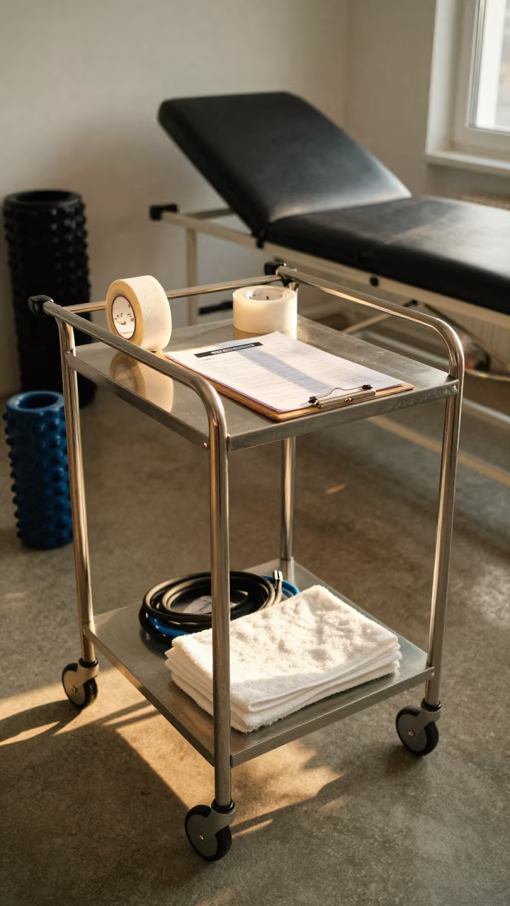 Blood Pressure Cart in Tarsus Recovery Lounge in inside a recovery lounge beside foam rollers in Tarsus