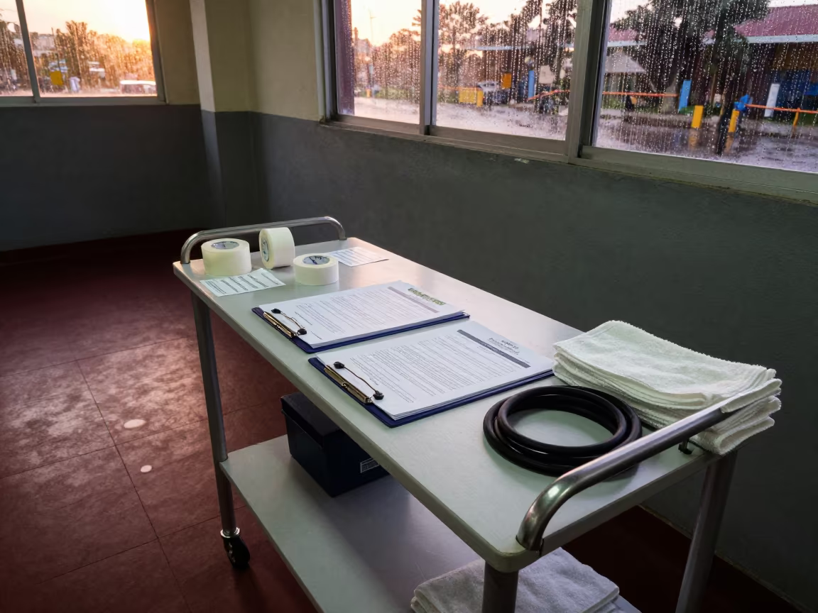 Blood Pressure Screening Cart at Gym Check-in in at a gym check-in desk in Accra