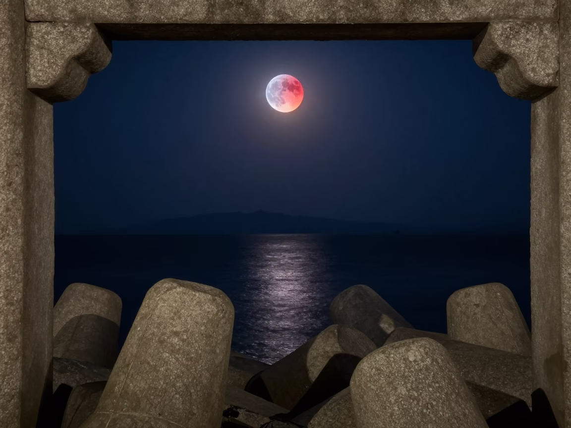 Blood Red Moon Over Anhui Breakwater Night in from a moonlit breakwater in Anhui