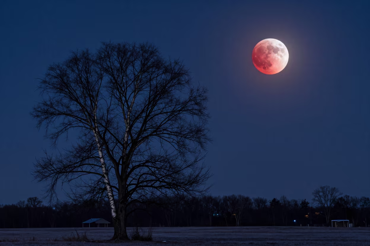 Blood Red Moon Over Wisconsin Night Sky in under a band of cold starlight in Wisconsin