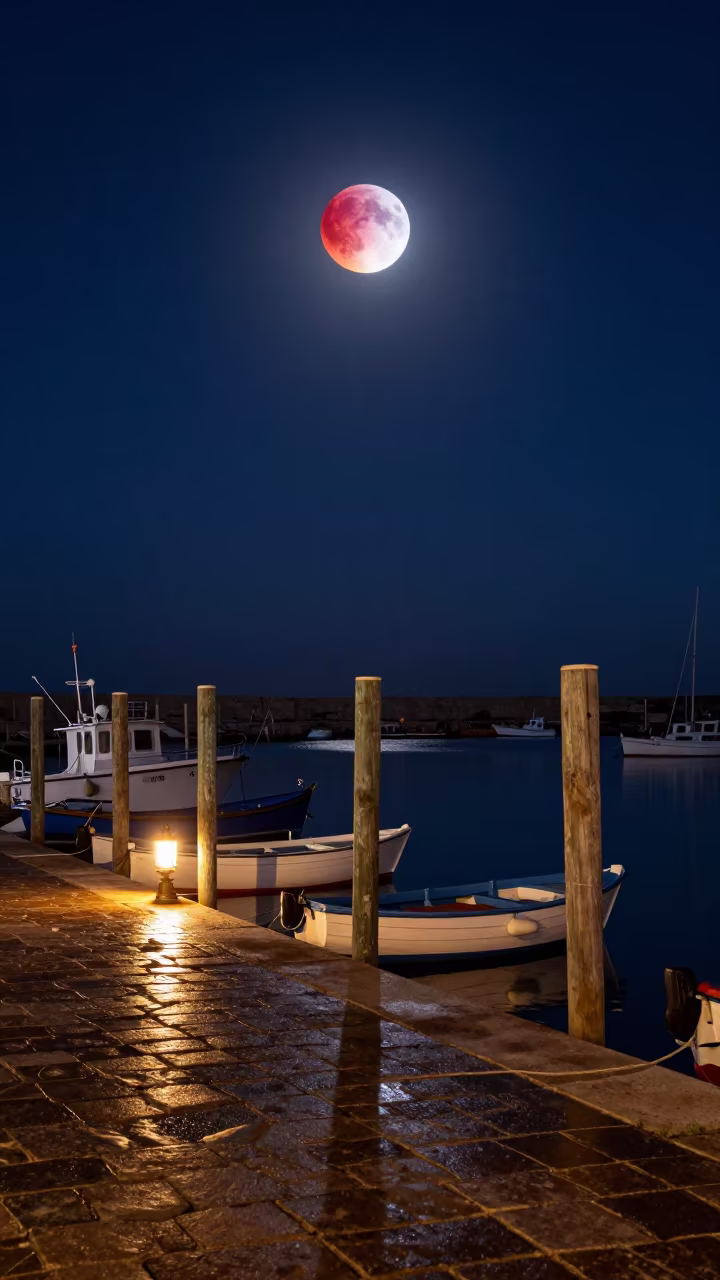 Blood Red Moon Over Sardinian Harbor Night in beside a lantern-dotted harbor in Sardinia