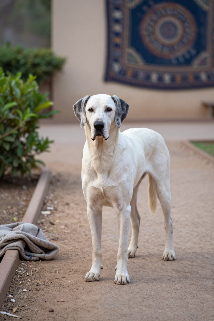 Bloodhound on Quiet Park Path Near Garden Edge in near a garden edge with soft morning light and an uncluttered background in Harar