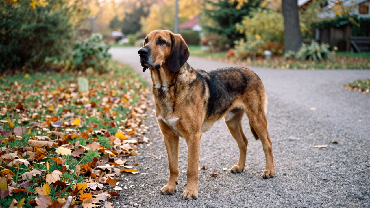 Bloodhound on Sudbury Park Path in Autumn Light in near a garden edge with soft morning light and an uncluttered background in Greater Sudbury