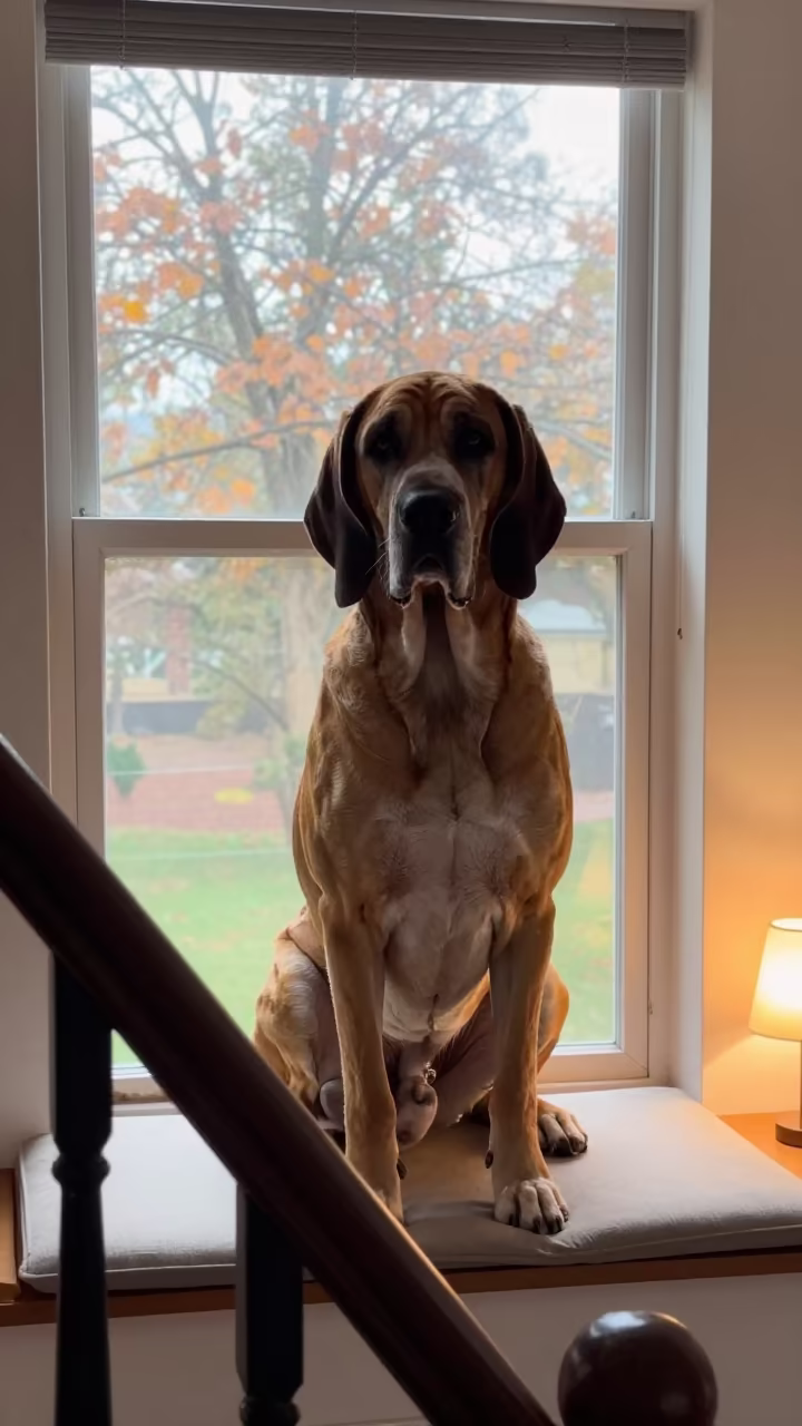 Bloodhound Portrait on Delhi Window Seat in on a cushioned window seat with soft side light and an uncluttered background in Delhi