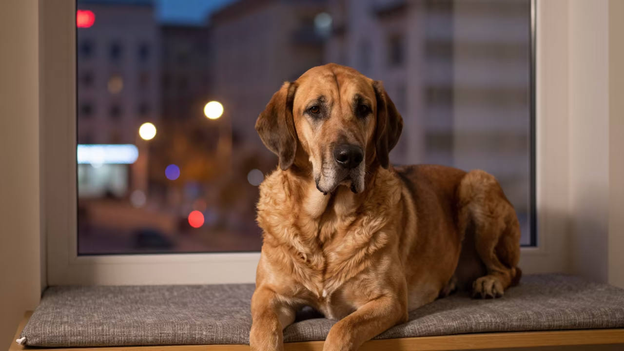 Bloodhound Portrait on Window Seat in on a cushioned window seat with soft side light and an uncluttered background in Semey