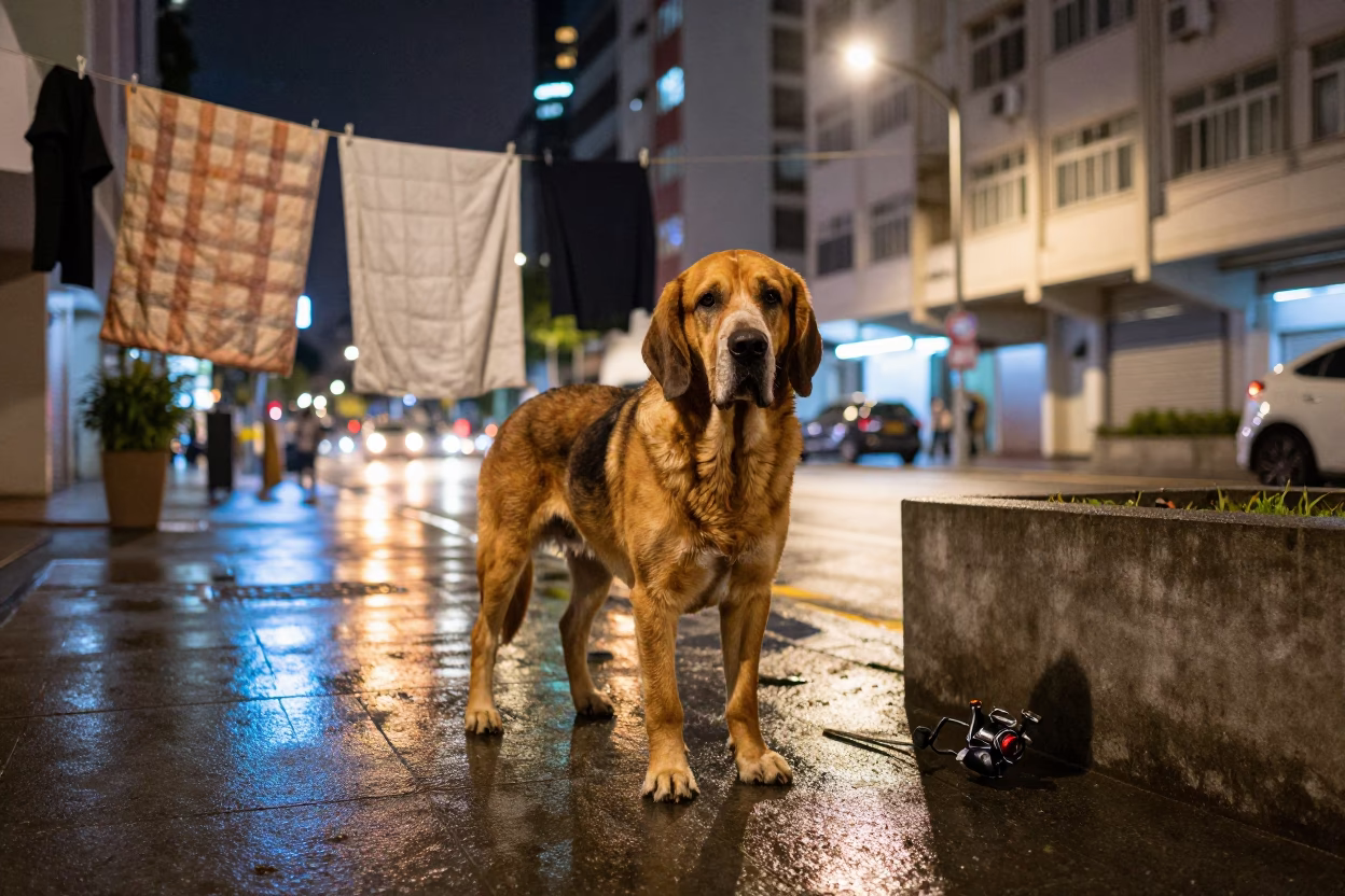 Bloodhound Portrait Under Tiong Bahru Night Lights in in Tiong Bahru, Singapore