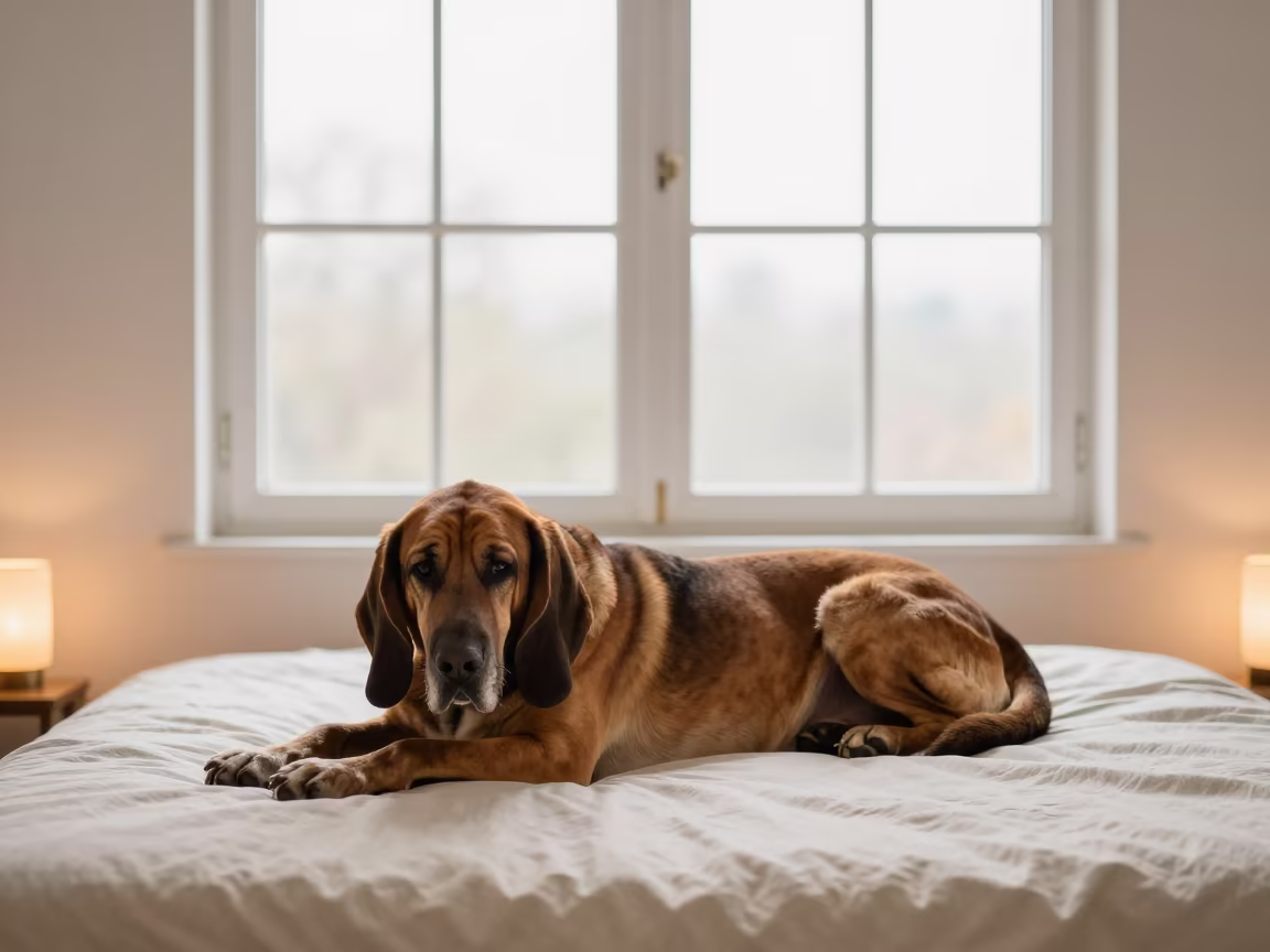 Bloodhound Resting on Bedspread Near Window in Chandigarh in on a bedspread near a bright window with calm indoor light in Chandigarh