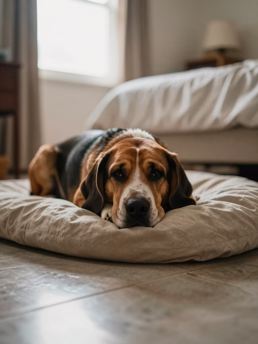 Bloodhound Resting on Bedspread Near Window in on a bedspread near a bright window with calm indoor light in Guarenas