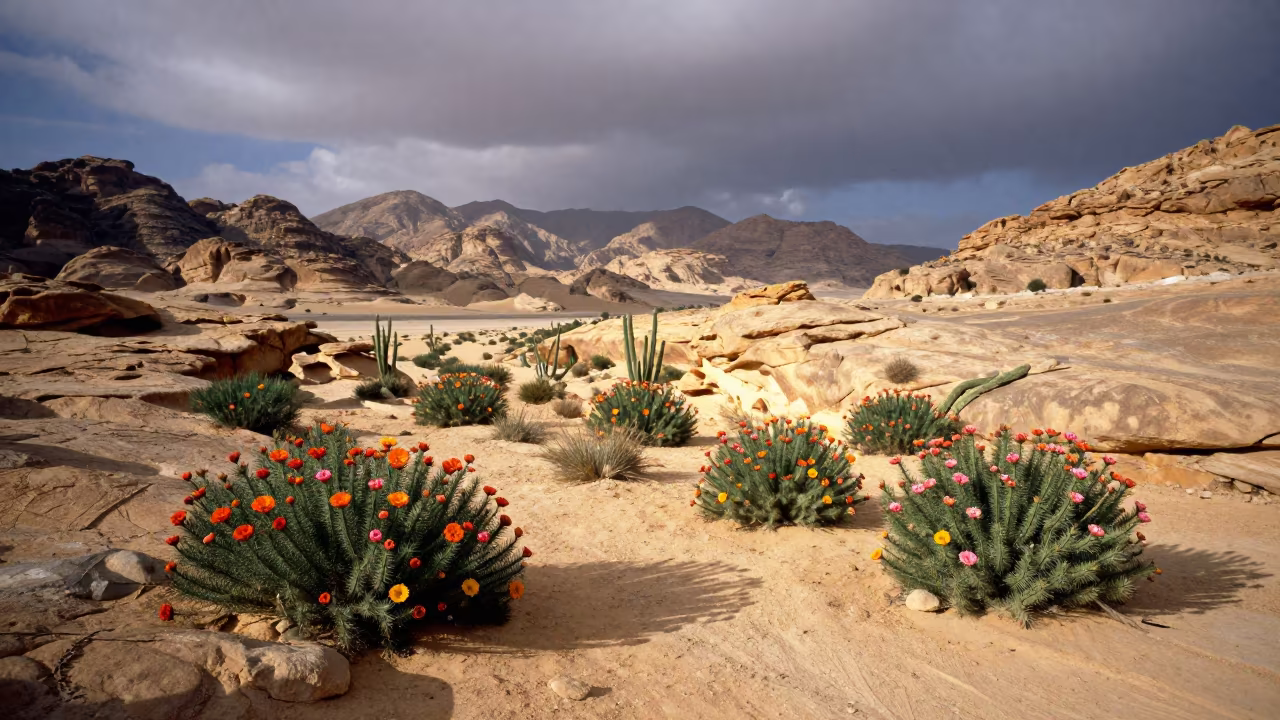 Blooming Cacti in Jordanian Desert Wash Foothills in from a ridge above layered foothills in Jordan