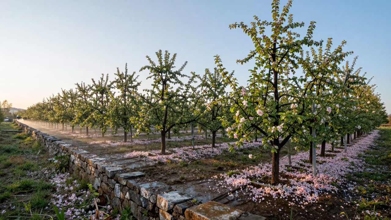 Blossom Petals on Orchard Wall Before Sunrise Budapest in along freshly irrigated rows near Budapest