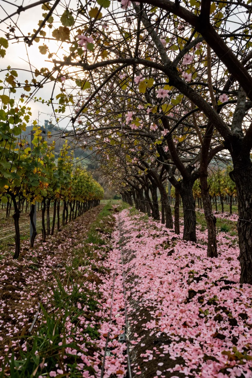 Blossom Petals on Orchard Wall After Storm in between vineyard trellises in Liguria