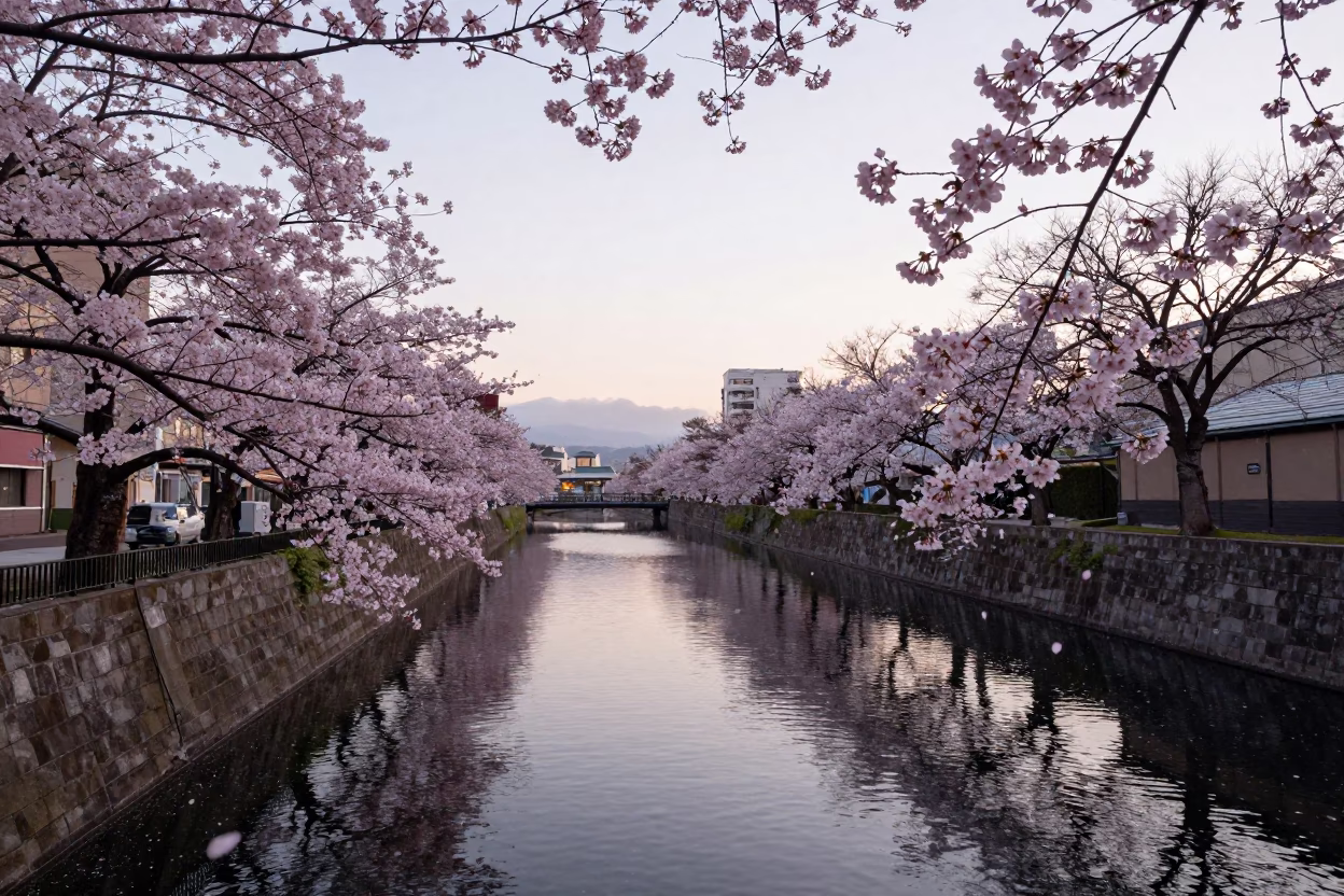 Blossoms Falling in Sapporo at First Light Of Dawn in in Sapporo, Japan