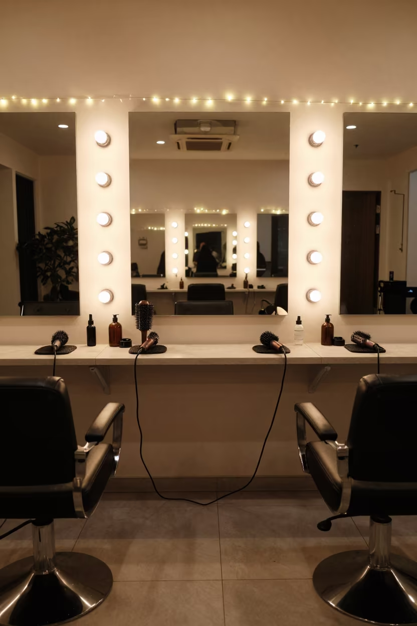 Blow Dry Station Mirrors Coptic Cairo Night in at a barber station beneath mirror bulbs in Coptic Cairo, Cairo