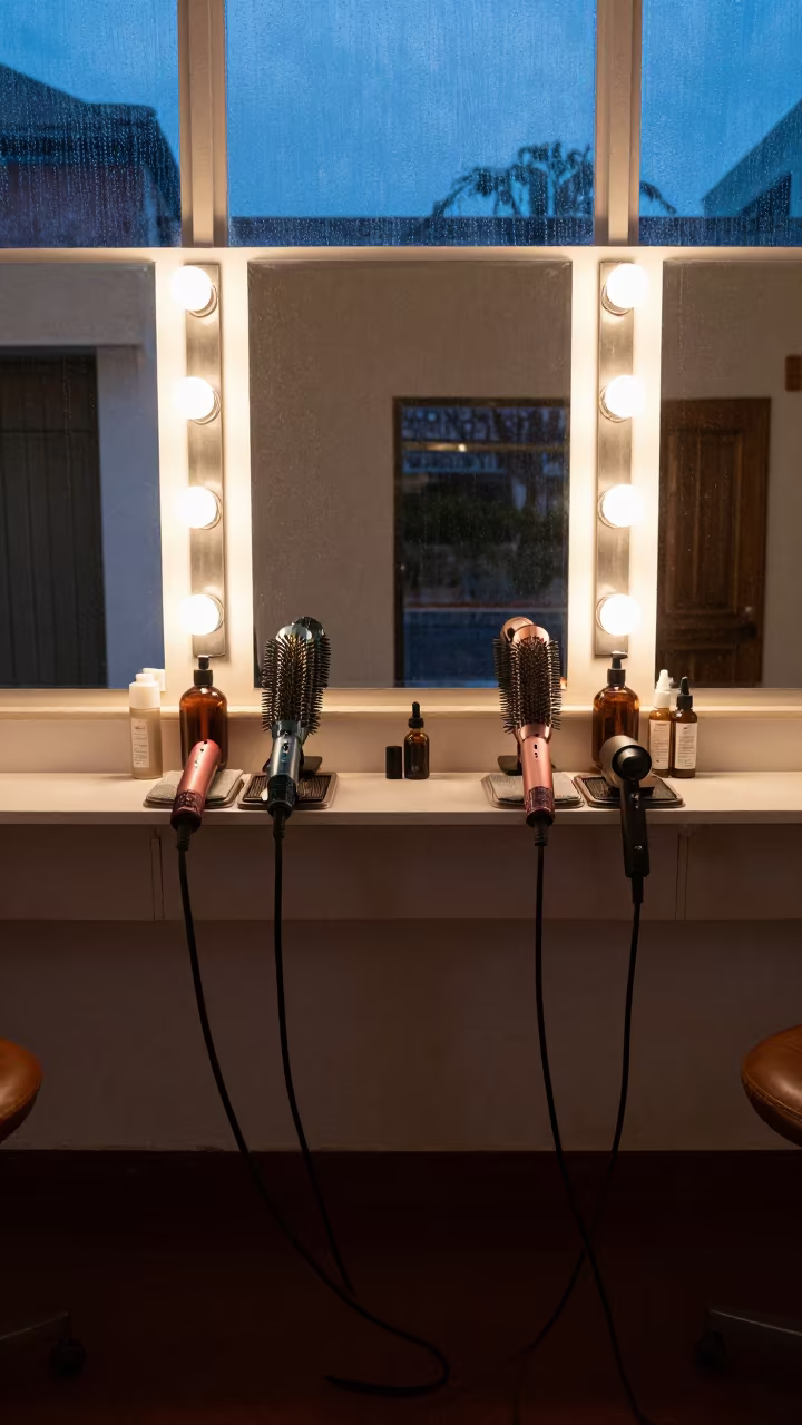 Blow-dry Station Tools Blue Hour Barranquilla in at a barber station beneath mirror bulbs in Barranquilla
