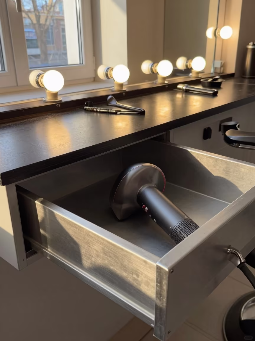 Blow Dryer Nozzle Drawer Sunset Light Tashkent in at a barber station beneath mirror bulbs in Tashkent