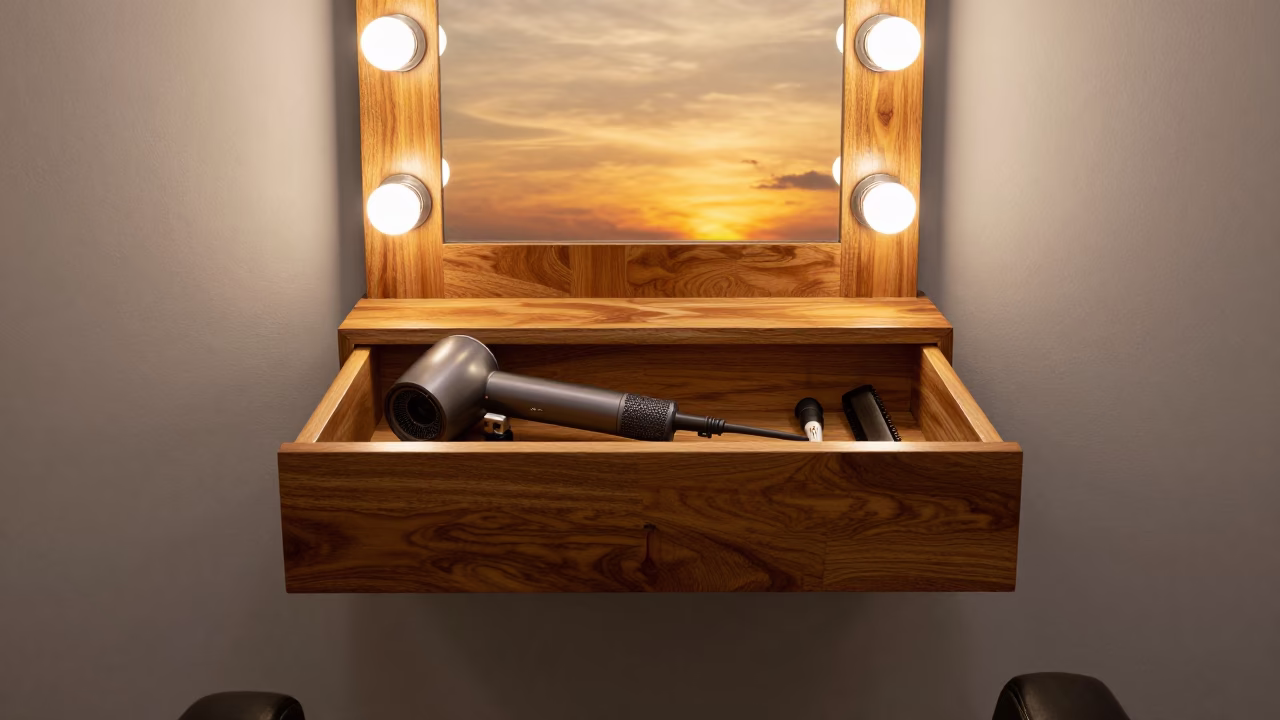 Blow Dryer Nozzle Drawer in Taichung Barber Station in at a barber station beneath mirror bulbs near Taichung