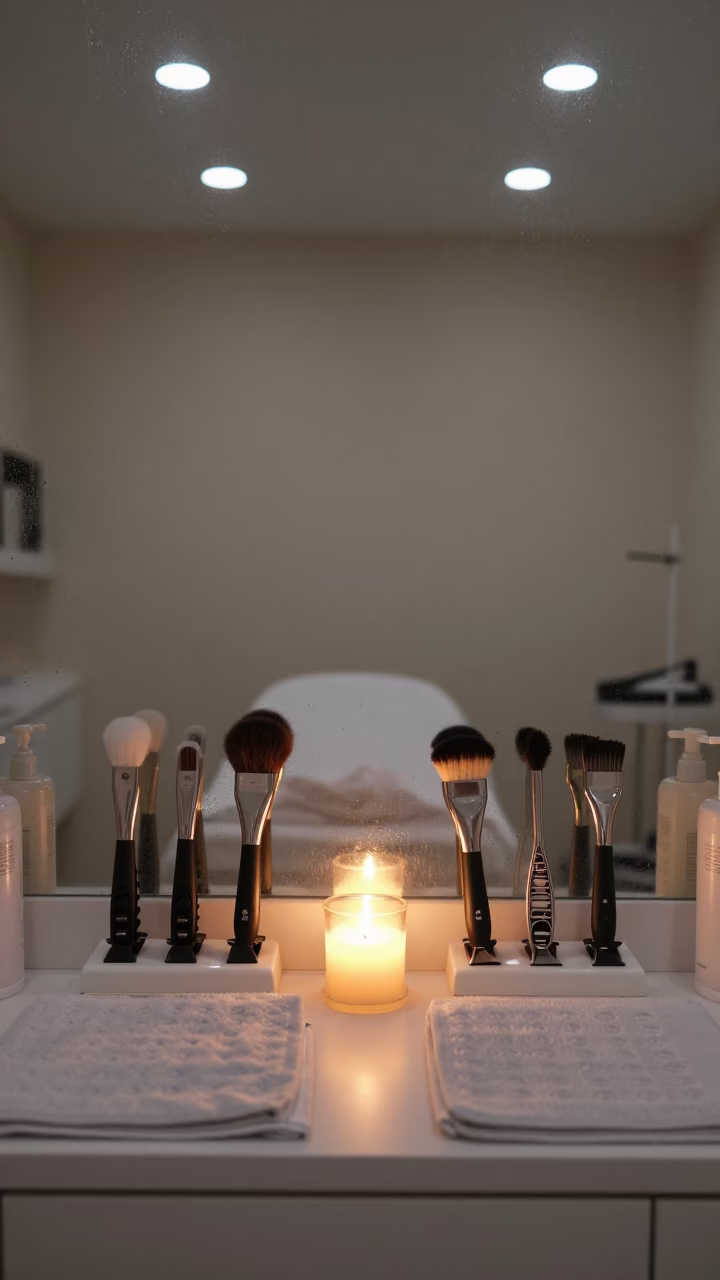 Blowout Bar Tools Under Warm Candlelight Glow in inside a skincare treatment room in Matanzas