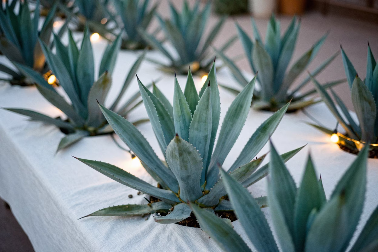 Blue Agave Rosettes on Linen Table in on a linen-covered restaurant table in San Diego
