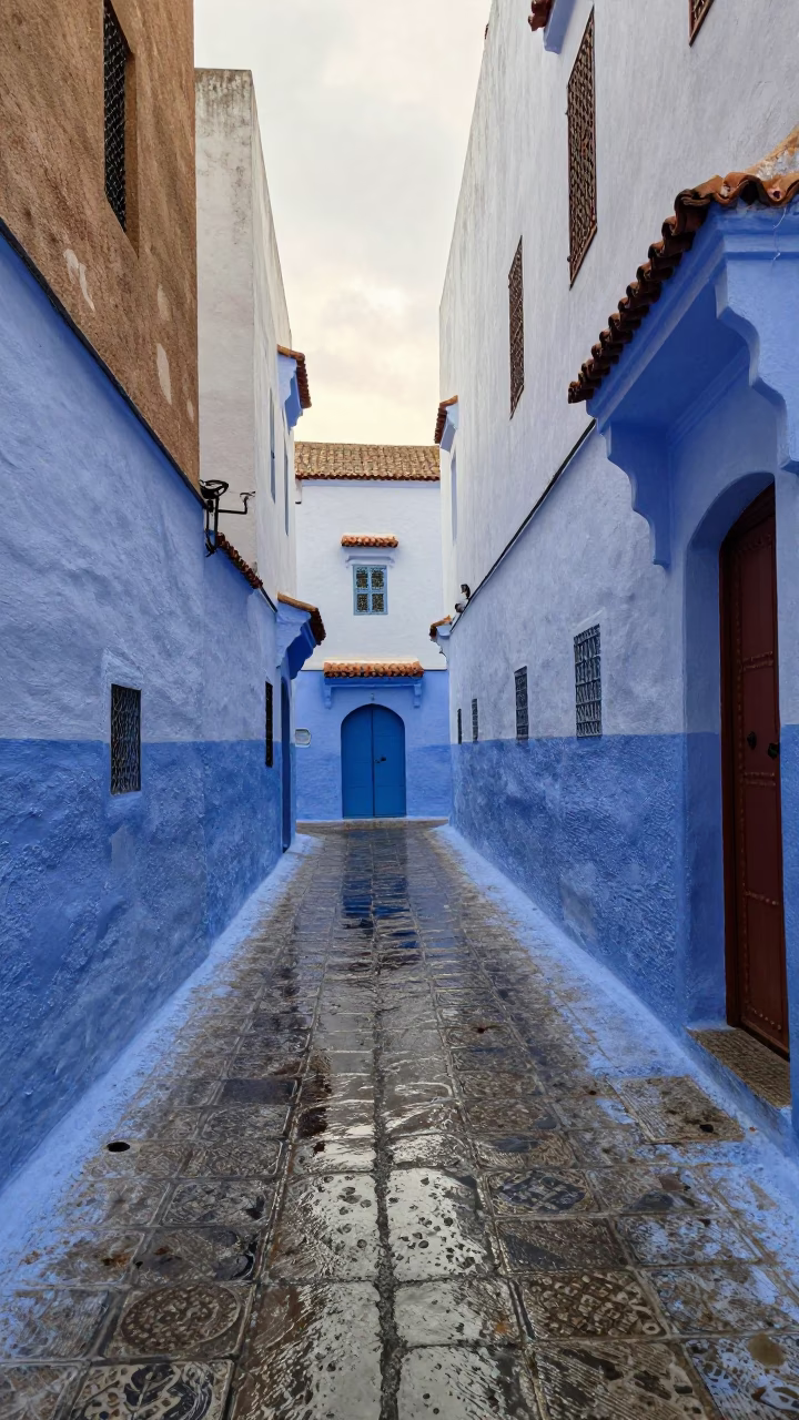 Blue Alleyway in Essaouira at First Light in in Essaouira, Morocco