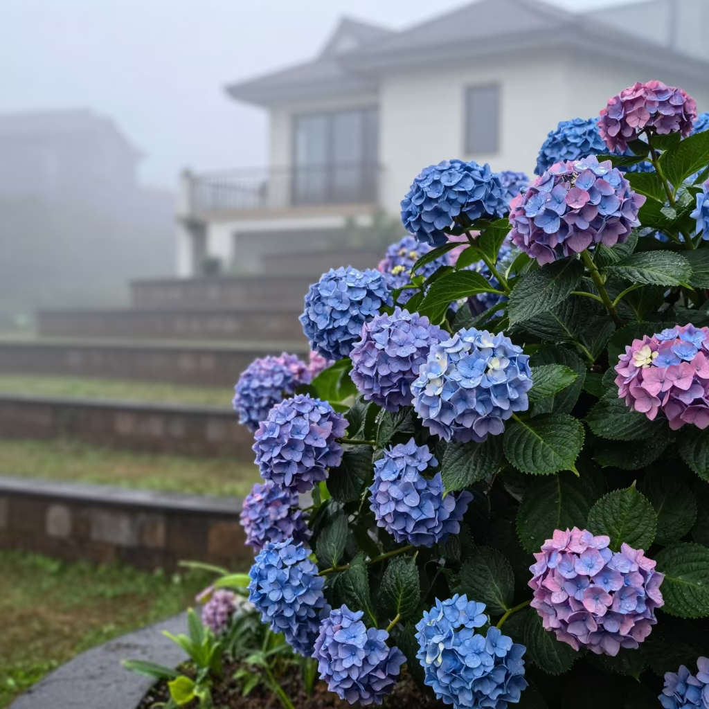 Blue and Pink Hydrangea in Misty Dawn Light in among terraced garden plots near Villa Nueva