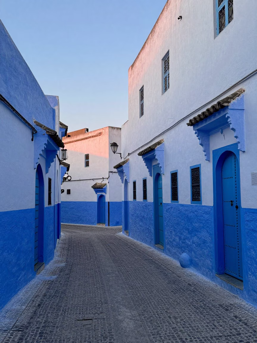 Blue and White Essaouira Medina Streets at Dawn with String Lights and Turnips in in Essaouira, Morocco