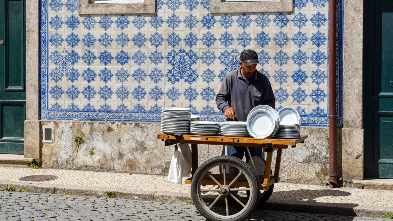 Blue and White Porcelain Azulejo Tiles in Porto Portugal Noon Street Scene in in Porto, Portugal
