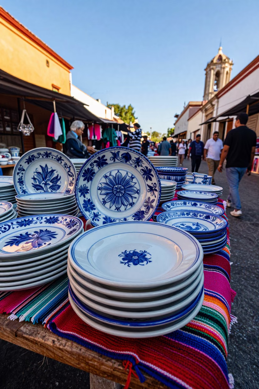 Blue and White Porcelain Plate on Colorful Oaxaca Market Stall Late Morning in in Oaxaca, Mexico