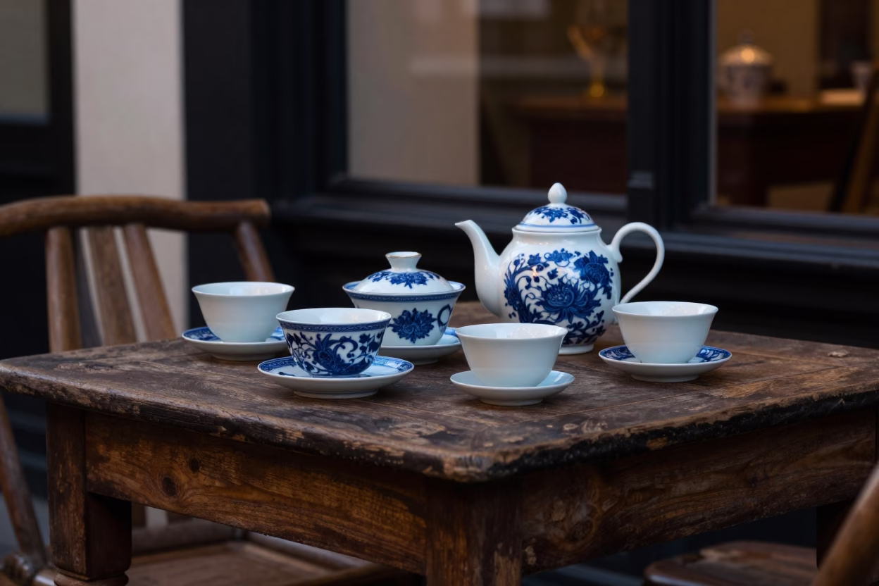 Blue and White Porcelain Tea Set on London Cafe Table in Early Evening in in London, United Kingdom