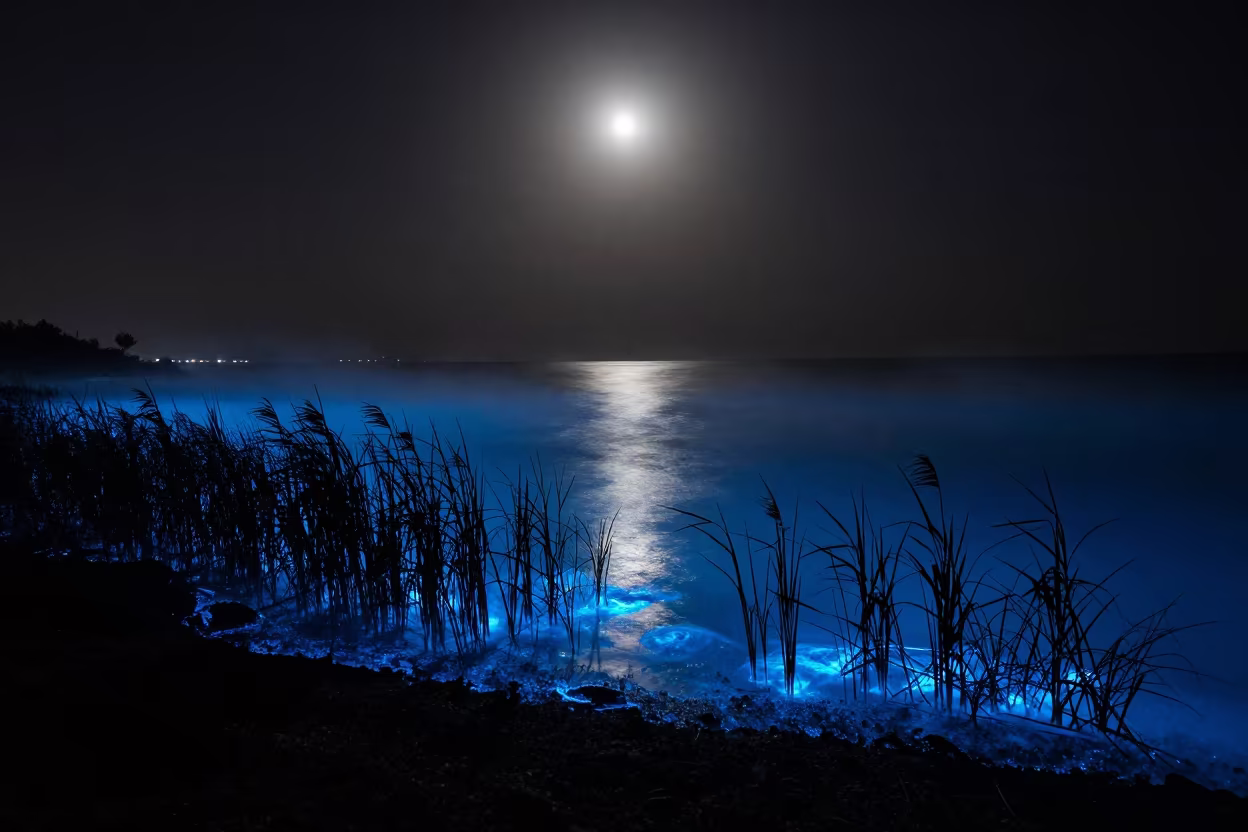 Blue Bioluminescent Bay Under Cold Moonlight Fog in near El Mahalla El Kubra