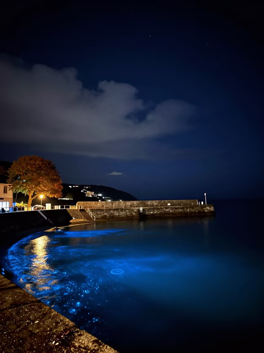 Blue Bioluminescent Bay Under Midnight Stars in beside a lantern-dotted harbor in the Basque Country