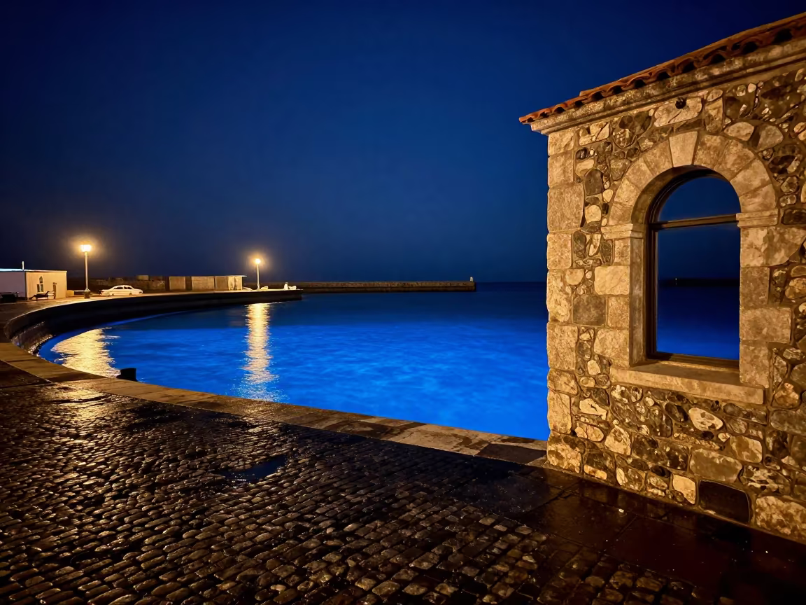 Blue Bioluminescent Bay Under Starlight Before Dawn in beside a lantern-dotted harbor near Bratislava