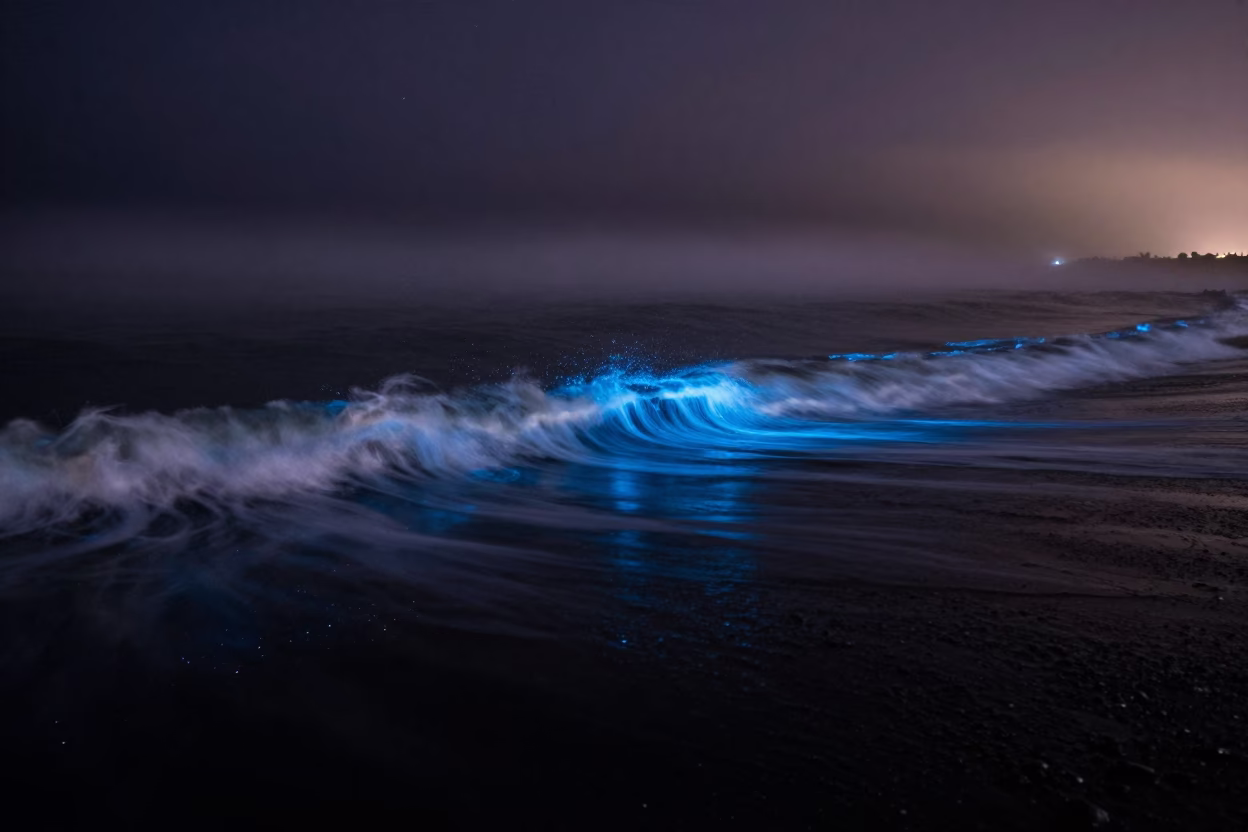 Blue Bioluminescent Plankton Glowing in Night Waves in beneath a dark-sky overlook near Callao