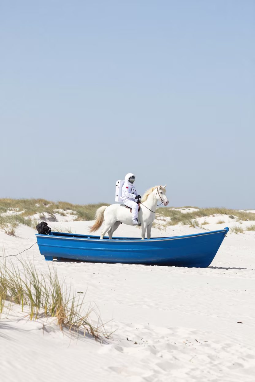 Blue Boat on Pampas Sand Under Foggy Sky in in the Pampas