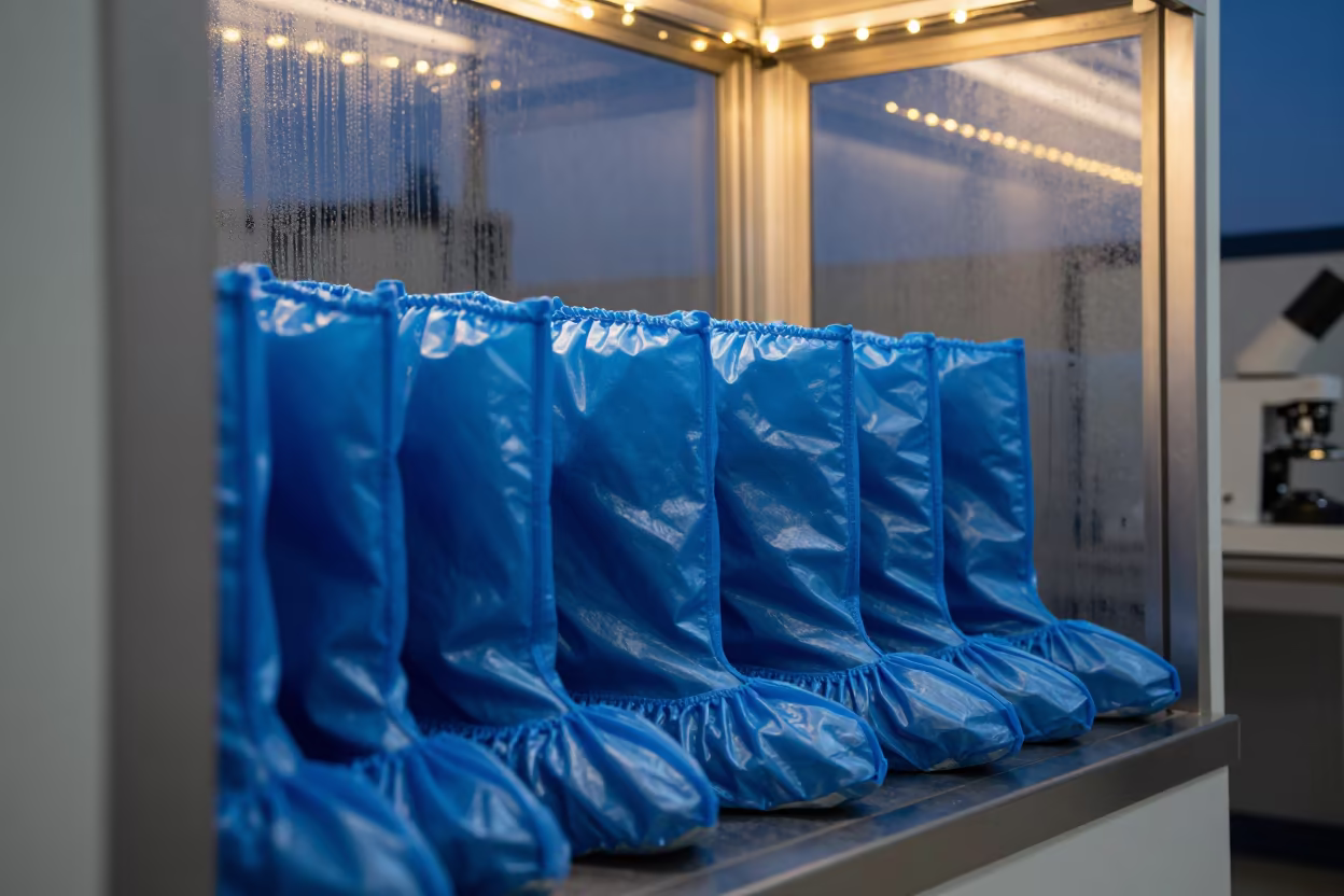 Blue Boot Covers in Indigo Twilight in at a microscopy bench near St Petersburg