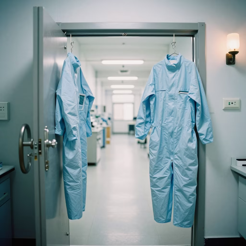 Blue Clean Room Suit Hanging Near Lab Airlock in inside a university research lab in Asaba
