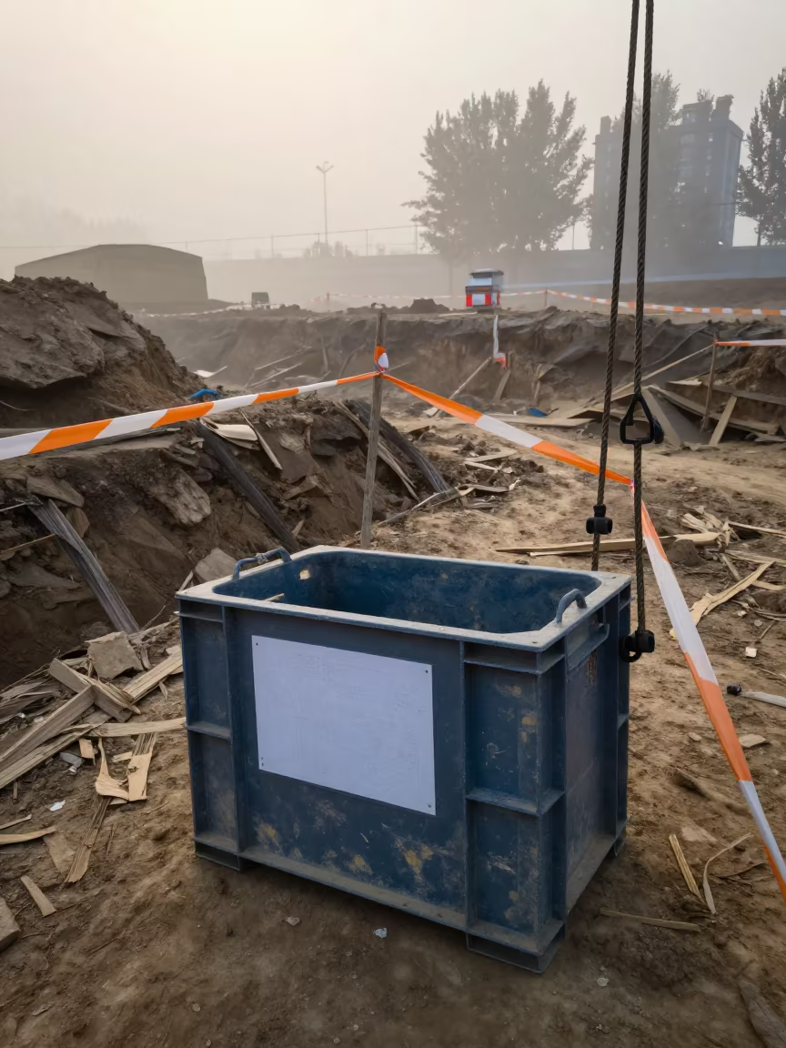 Blue Dawn Barricade Light Crate with Punch List in inside a taped-off excavation edge in Taiyuan