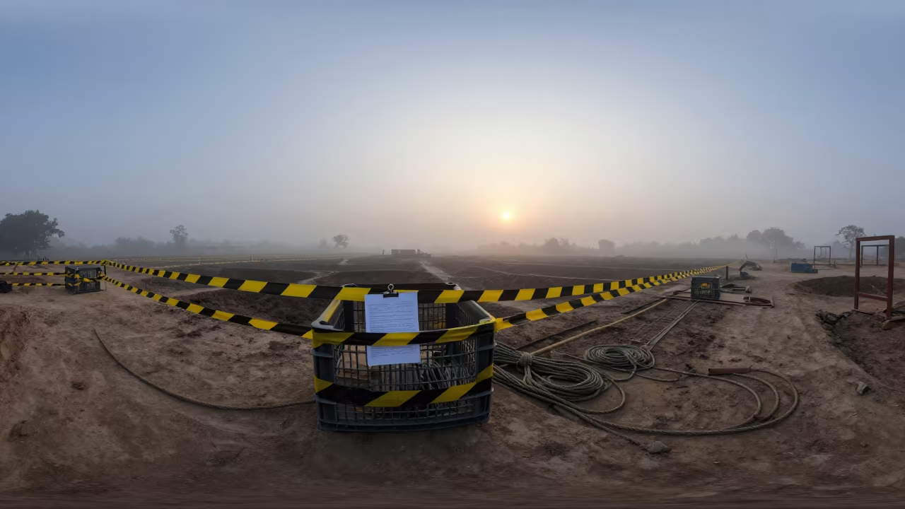 Blue Dawn Barricade Light at Jamalpur Excavation Site in inside a taped-off excavation edge near Jamalpur