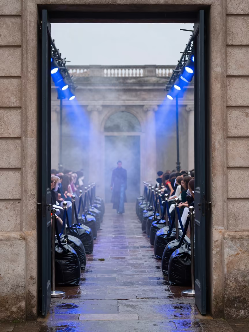 Blue Dawn Fashion Doorway Gondia Wet Stone in under runway rehearsal lights in Gondia