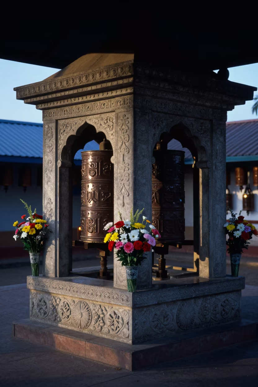 Blue Dawn Light on Stone Shrine Alcove in beside a prayer wheel corridor in Lilongwe