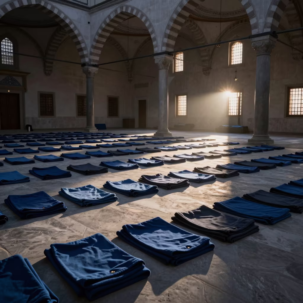 Blue Dawn Prayer Hall Florence Folded Cloths in in a mosque prayer hall in Florence